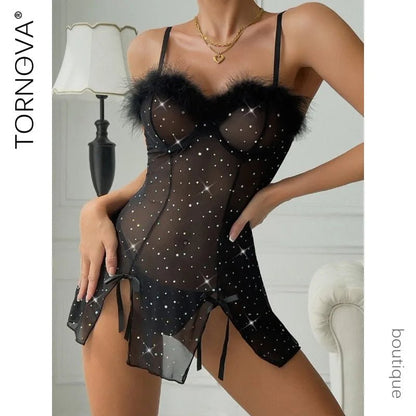 Ethical Sexy Lingerie for Women – Tornova Elastic Mesh Feather Splice Dress Set - froste Nordal