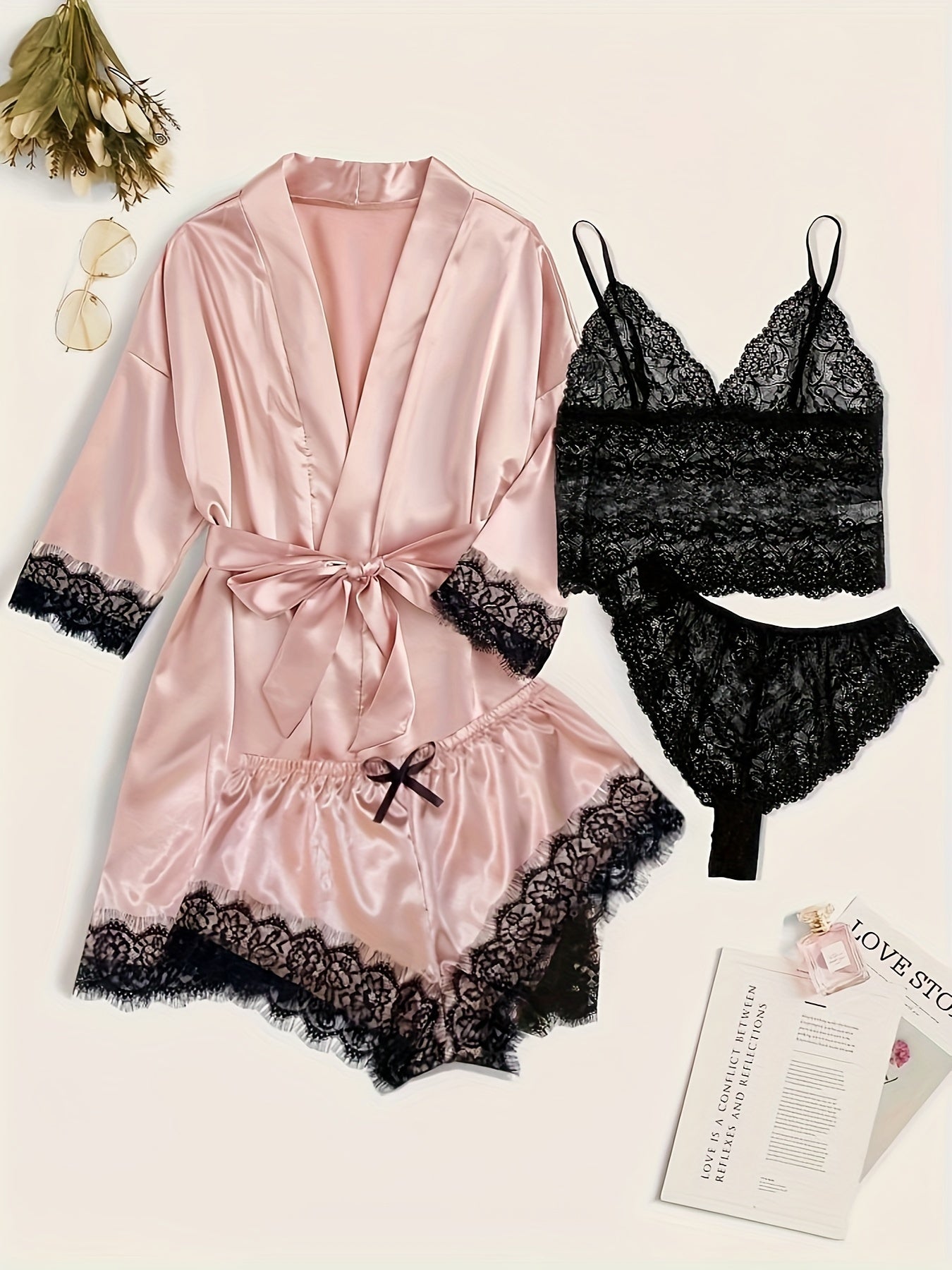 Elegant Satin Contrast Lace Lounge Set,