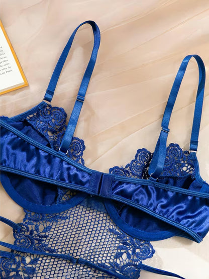 Luxury Lace Mesh Satin Babydoll Lingerie Set – Includes Garter Belt & Stockings (3-Piece)