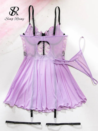 SINGREINY Women Lace Spliced Pajamas Dress 2025 Strap Backless Slim Bodycon Mini Nightwear Corset Transparent Mesh Porn Dress - froste Nordal
