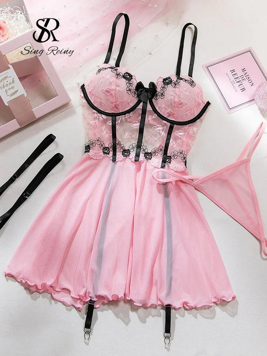 SINGREINY Women Lace Spliced Pajamas Dress 2025 Strap Backless Slim Bodycon Mini Nightwear Corset Transparent Mesh Porn Dress - froste Nordal