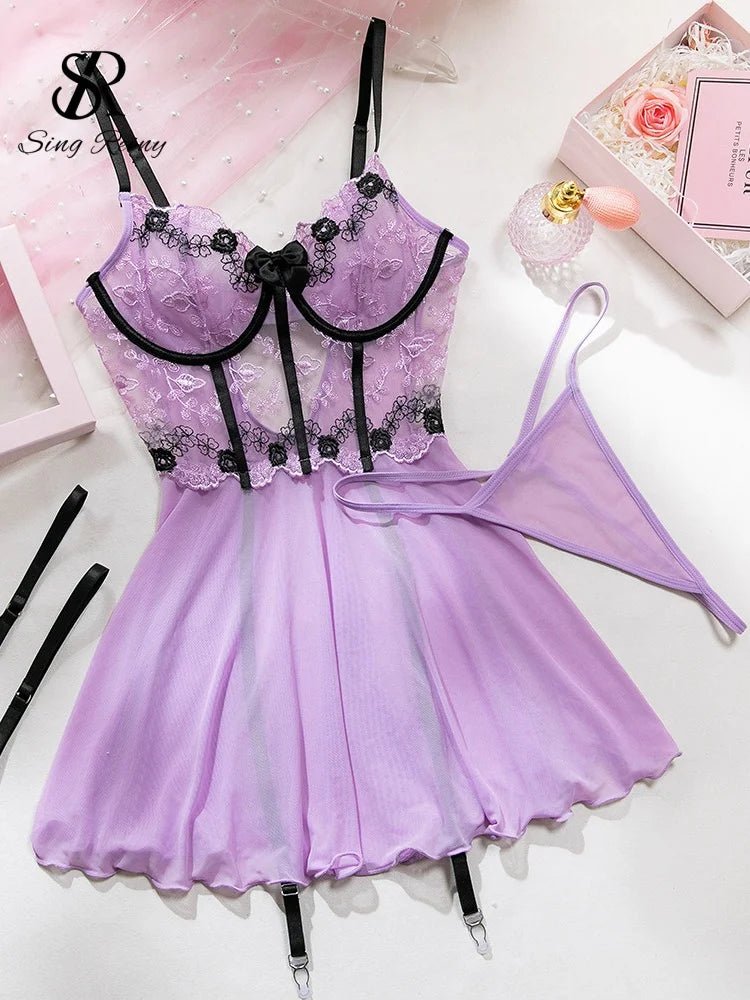 SINGREINY Women Lace Spliced Pajamas Dress 2025 Strap Backless Slim Bodycon Mini Nightwear Corset Transparent Mesh Porn Dress - froste Nordal