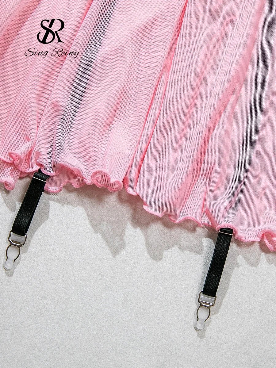 SINGREINY Women Lace Spliced Pajamas Dress 2025 Strap Backless Slim Bodycon Mini Nightwear Corset Transparent Mesh Porn Dress - froste Nordal