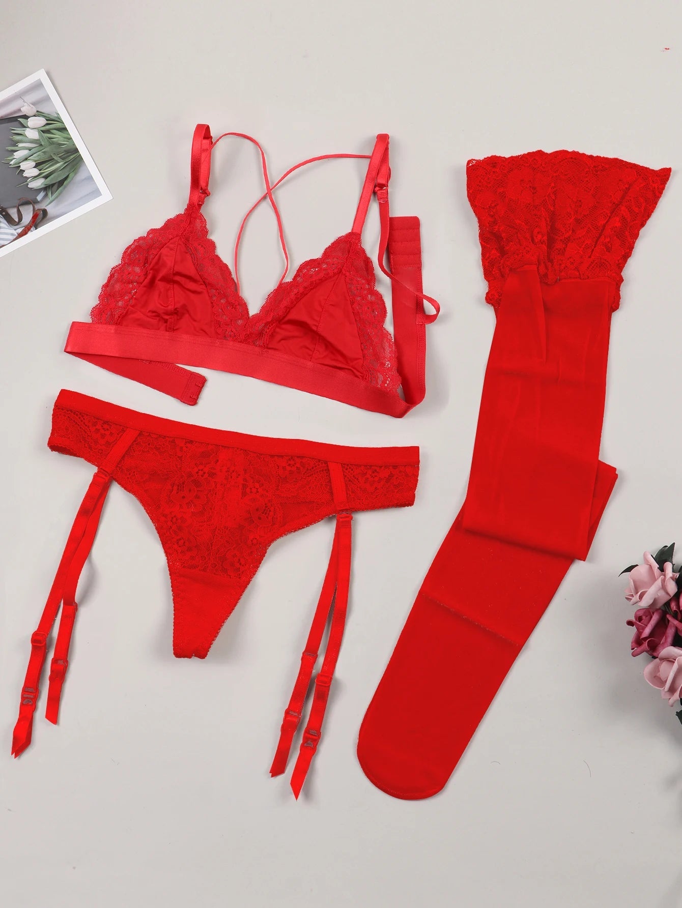 Varsbaby Lace Bra Sets for Women Non - padded Bra Panty Garter Stockings Summer Underwear Lingerie Sexy - froste Nordal